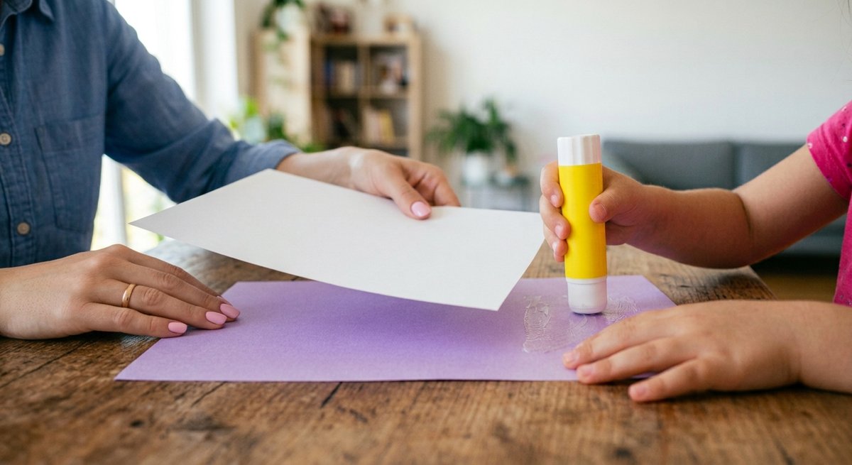 Un adulto e una bambina incollano la favoletta stampata su un cartoncino lilla