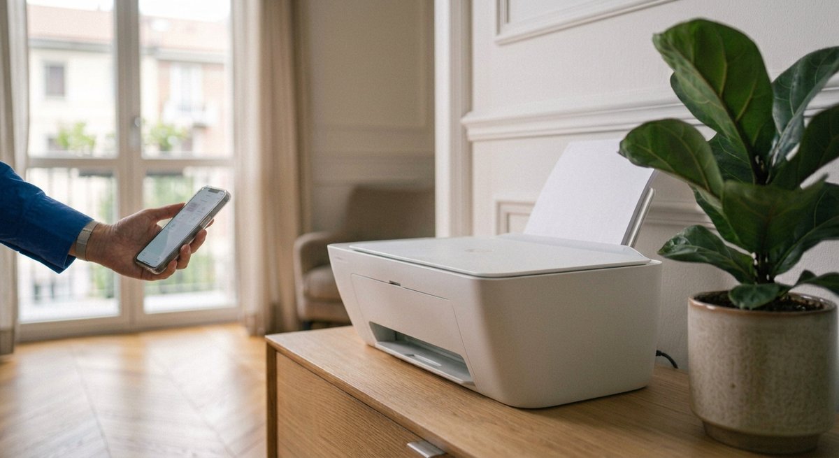 Una semplice stampante bianca su una credenza in un soggiorno moderno, avviata dal telefono